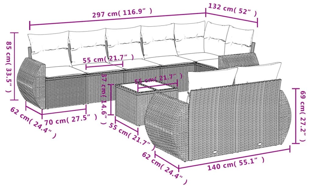 Set divano da giardino 9pz con cuscini grigio chiaro polyrattan