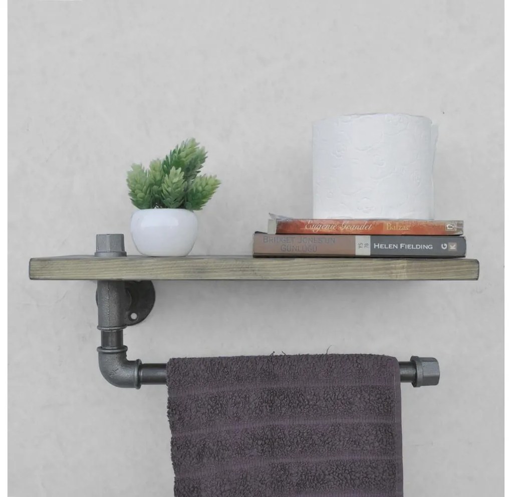 Mensola da parete con porta asciugamani BORURAF 16x40 cm abete/nero