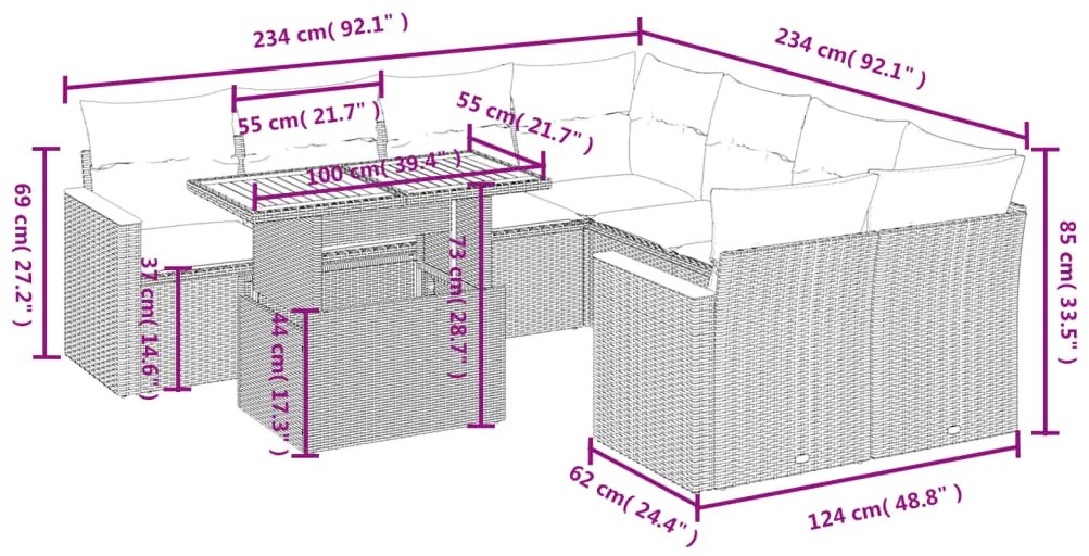 Set divano da giardino 9 pz con cuscini beige in polyrattan