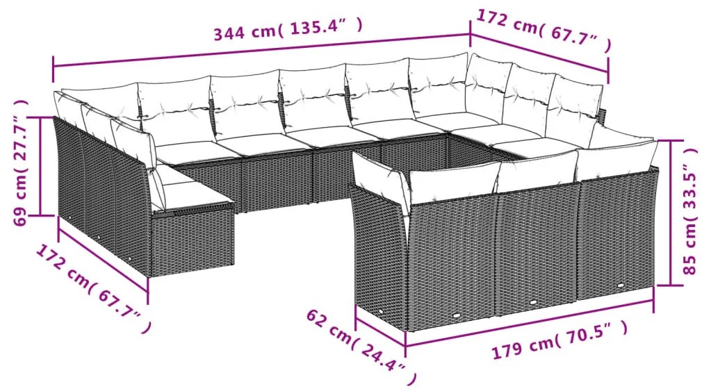 Set Divani da Giardino 13pz con Cuscini Nero in Polyrattan