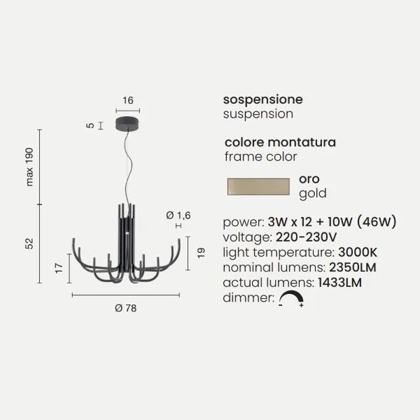 Lampada a sospensione NOUVEAU D78 cm a 12 luci LED in metallo verniciato ORO
