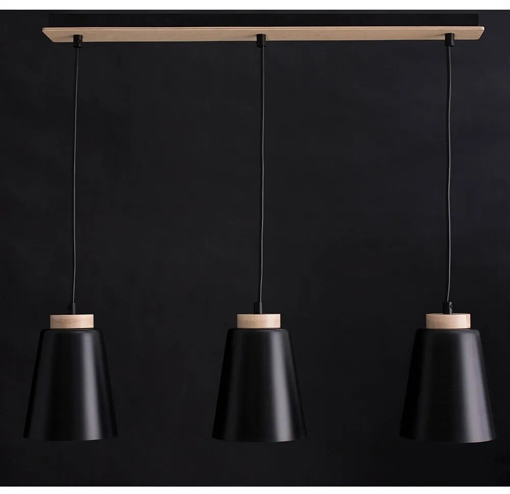 Lampadario 3 Luci Bolero Con Paralumi A Cono In Acciaio Nero E Legno Naturale