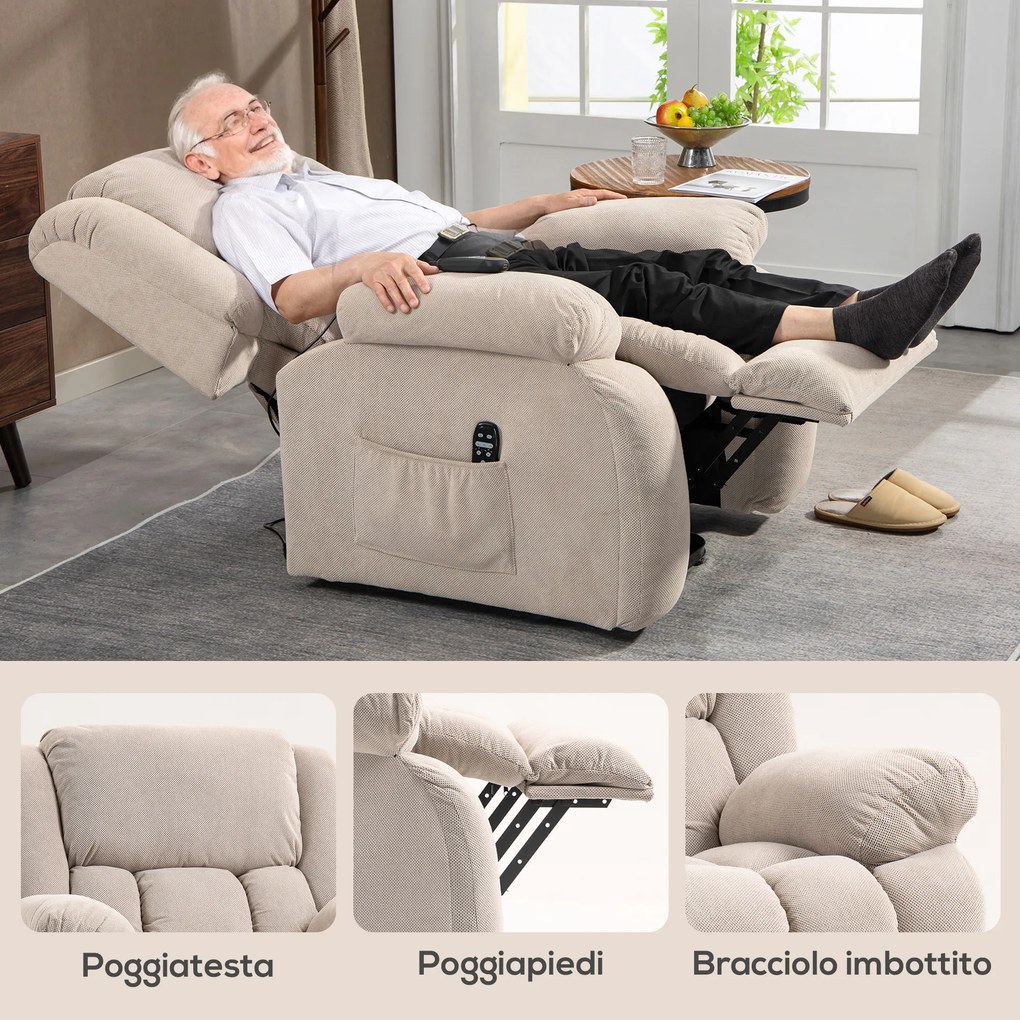 Poltrona Alzapersona Massaggiante e Reclinabile 93x104x105 cm con Telecomando in Tessuto Effetto Velluto Beige...