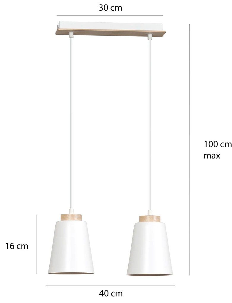 Lampadario 2 Luci Lancillotto Con Paralumi A Cono In Acciaio Bianco E Legno Naturale