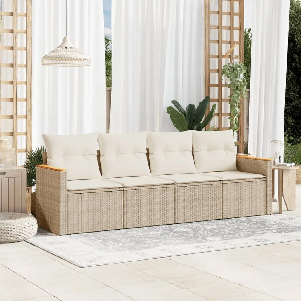 Set divano da giardino 4 pz con cuscini beige in polyrattan