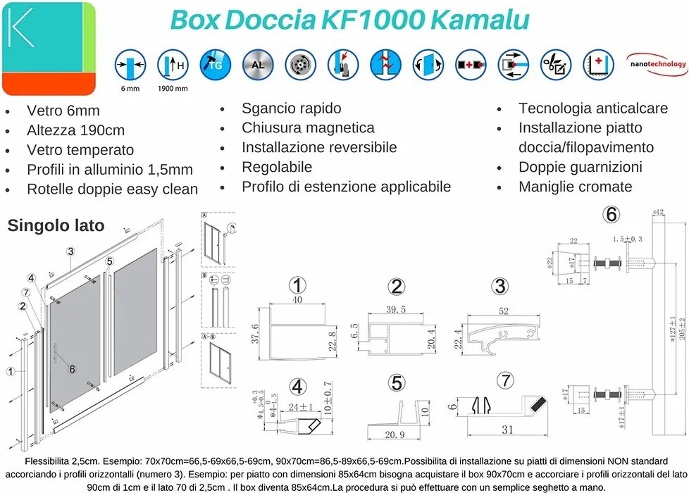 Box doccia 3 lati 80x70x80 doppio scorrevole vetro trasparente anticalcare KF1000 - KAMALU
