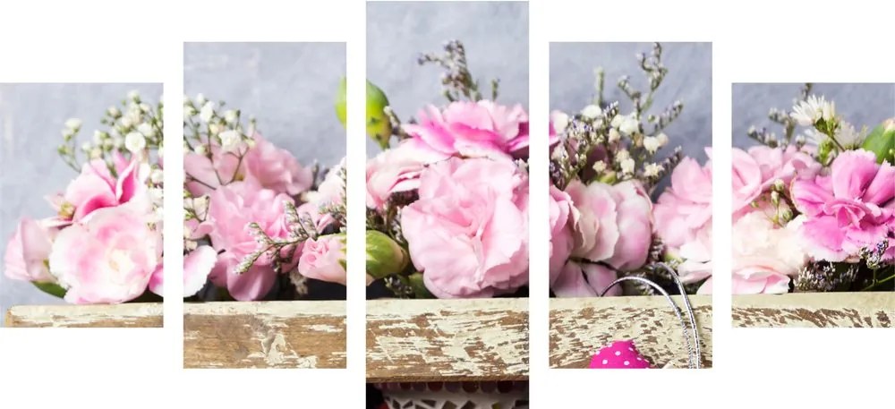 Quadri 5 pezzi – Fiori di garofano in cassetta di legno