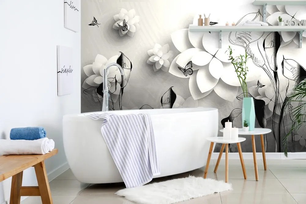 Carta da parati – Fiori astratti in bianco e nero