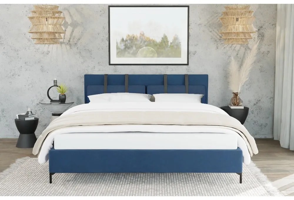 Letto matrimoniale imbottito blu scuro con griglia 200x200 cm Tulsa - Ropez