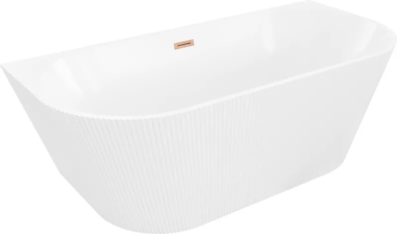 Mexen Oris vasca da bagno freestanding adiacente alla parete, scanalata 150 x 75 cm, bianca, troppopieno in rame spazzolato