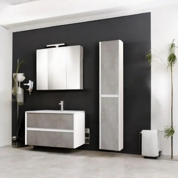 Mobile da bagno moderno sospeso base 81 cm a 2 cassettoni con lavabo, Cemento Chiaro