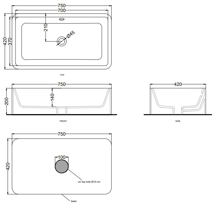 Cielo Shui Lavabo 100x42 da appoggio rettangolare con troppo pieno in ceramica talco