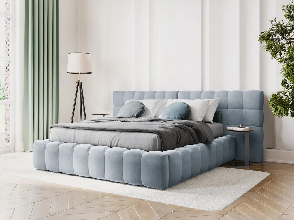 Letto matrimoniale Mamaia in velluto Bluvel con contenitore e testiera doppia - 180x200 cm