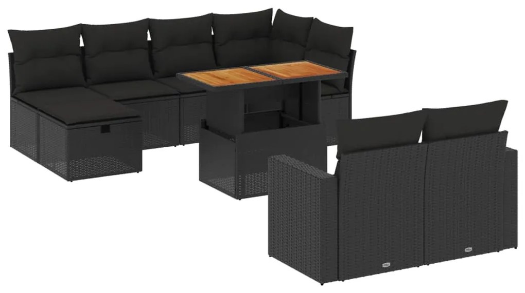 Set divani da giardino 11 pz con cuscini in polyrattan nero