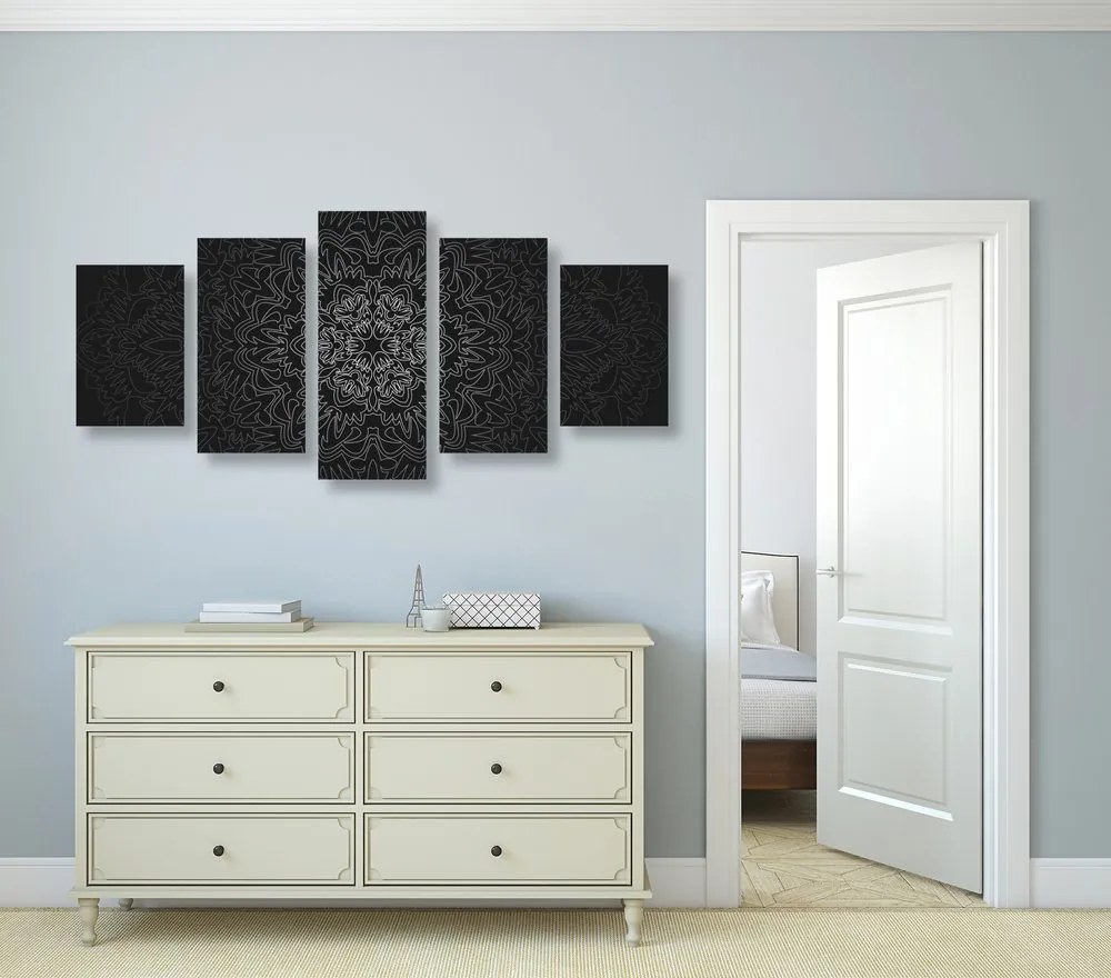 Quadri 5 pezzi – Mandala ornamentale in bianco e nero