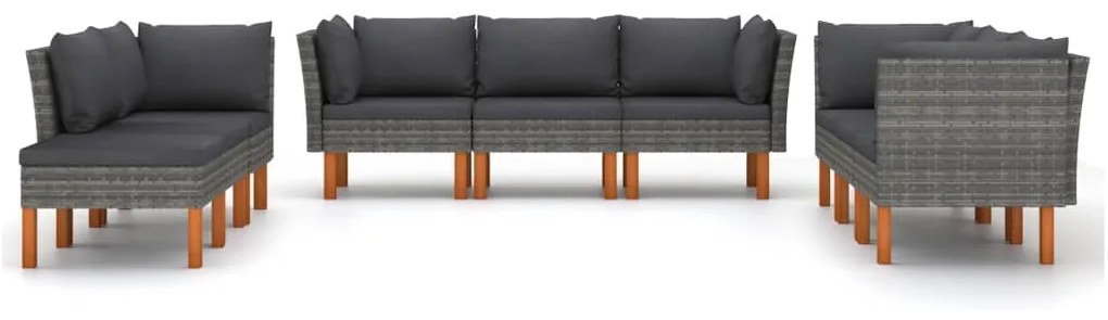 Set divani da giardino 9 pz con cuscini in polyrattan grigio
