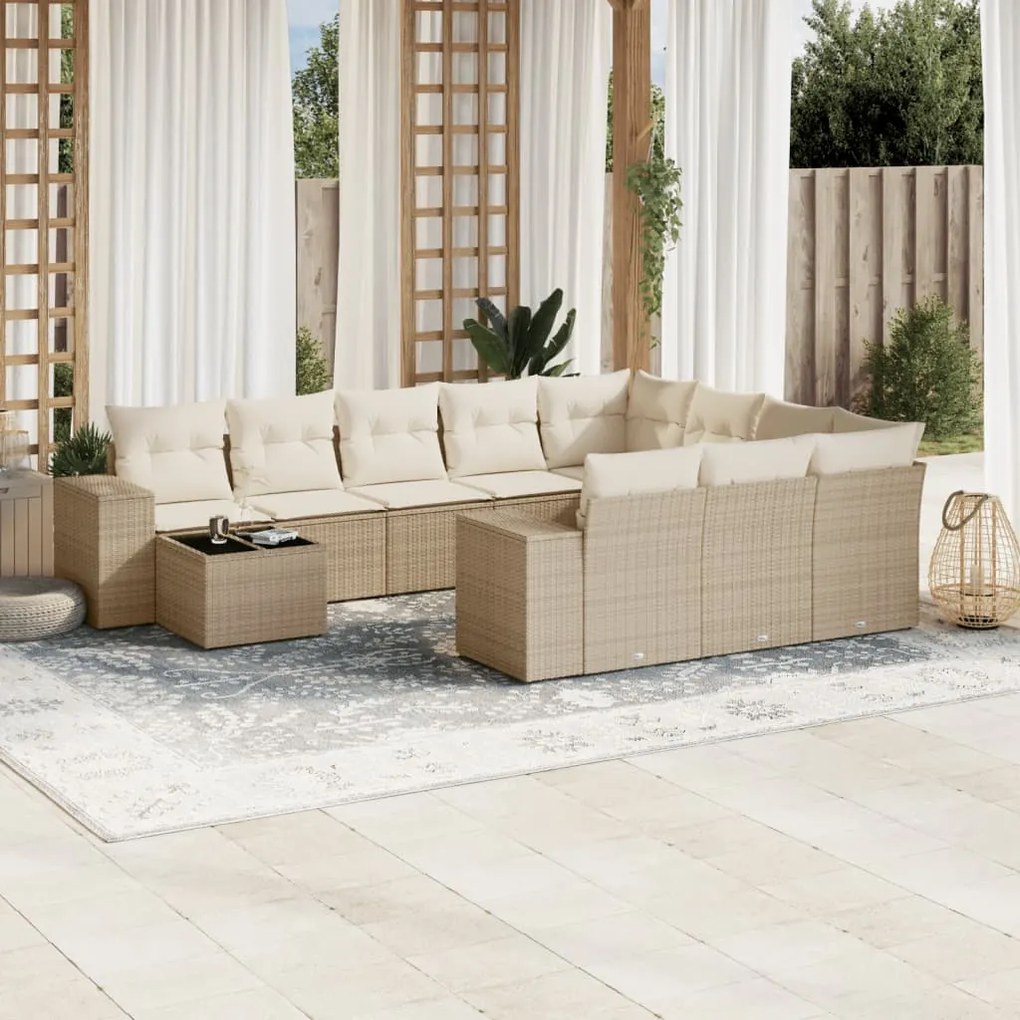 Set divani da giardino 11 pz con cuscini beige in polyrattan