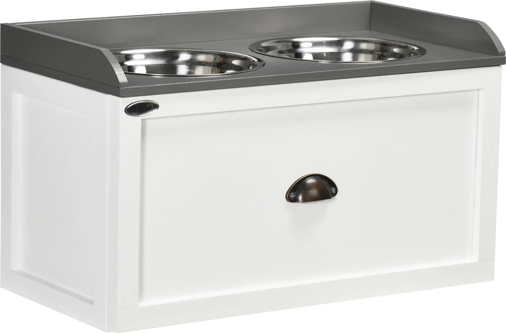 Ciotole per Cani Rialzate 60x30x36 cm con Cassetto in Acciaio Inox e Legno Bianco e Grigio...