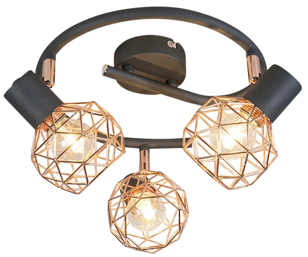 Faretto moderno nero con rame 3 luci - Mesh