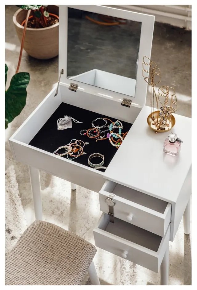 Tavolino da toilette bianco con specchio, portagioie e 2 cassetti Beauty - Bonami Essentials