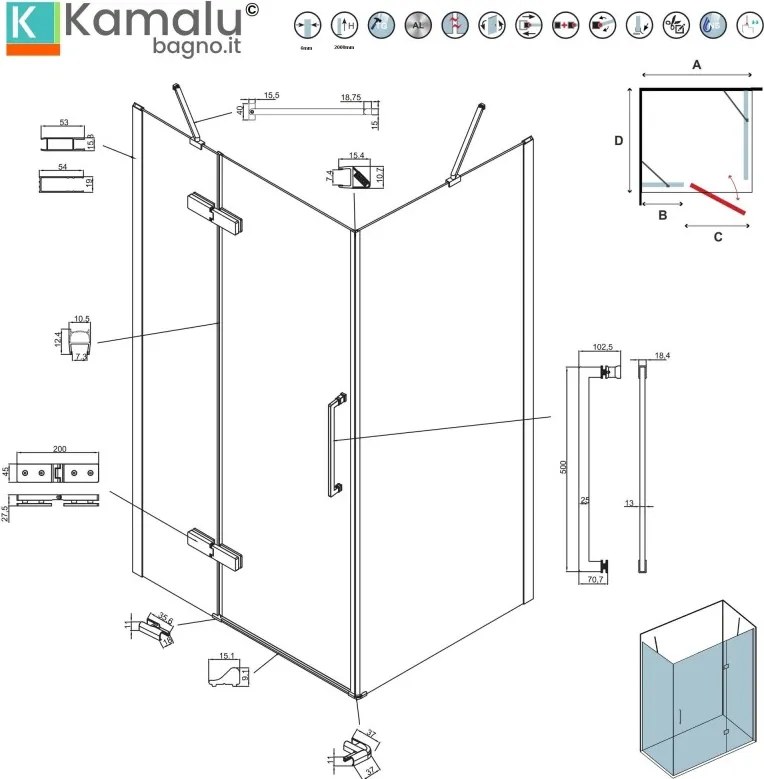 Kamalu - Box doccia 70x70 telaio nero porta battente | KT5000N
