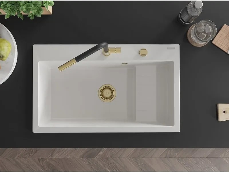Mexen Omar lavello in granito 1-vasca 800 x 480 mm, bianco, sifone dorato - 6520801005-20-G