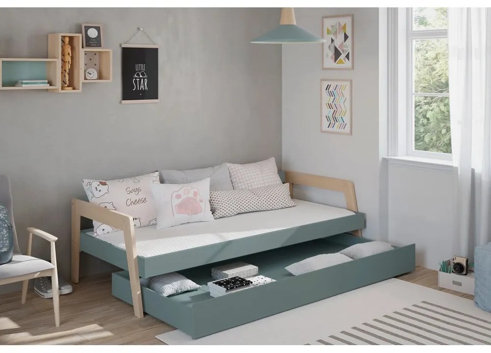 Letto da bambini estraibile verde/verde polveroso in pino massiccio con contenitore con rete inclusa 90x200 cm Carrie – Marckeric