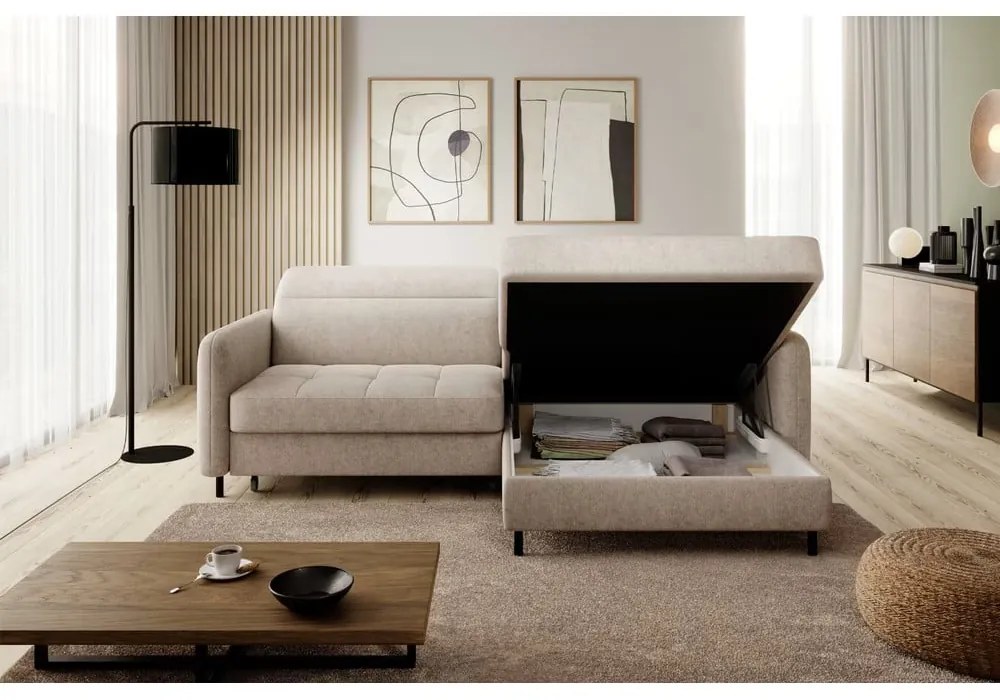 Divano angolare beige allungabile/con contenitore (con penisola a destra/con chaise lounge) e rivestimento in ciniglia Gomsi – ELTAP