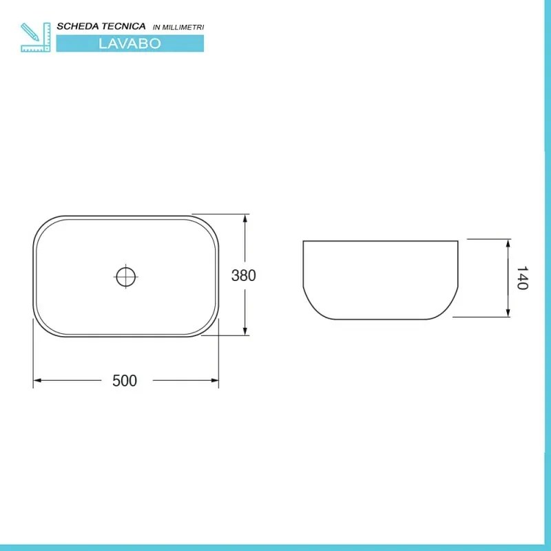 Lavabo da appoggio 50x38 cm in ceramica lucida con angoli tondi