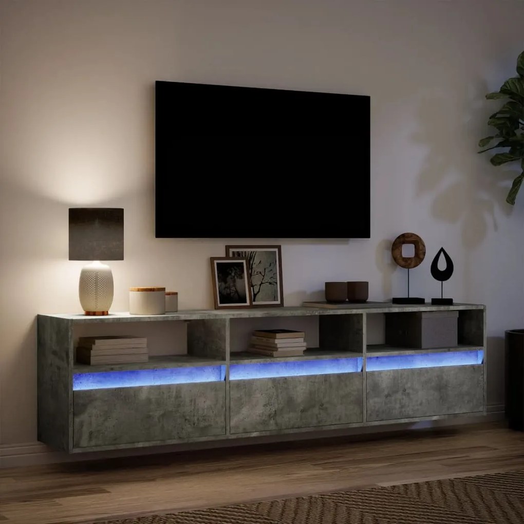 Mobile tv a parete con led grigio cemento 180x31x45 cm