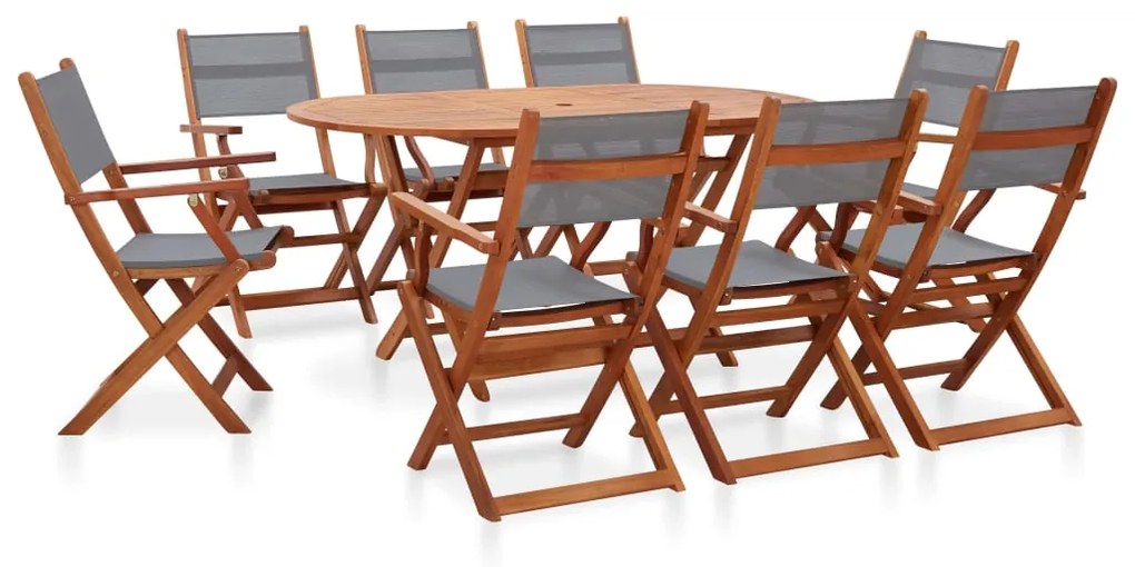 Set pranzo da giardino 9 pz grigio legno eucalipto e textilene