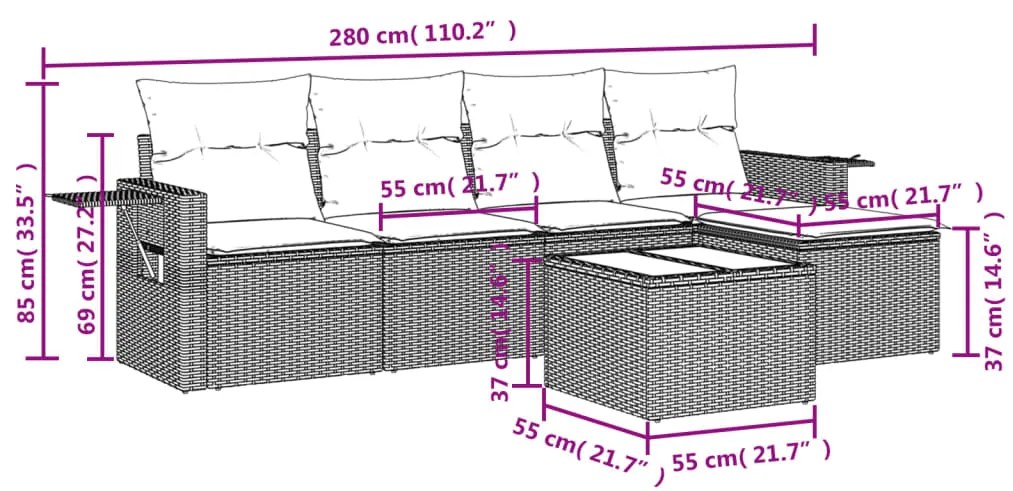 Set divano da giardino 6 pz con cuscini nero in polyrattan