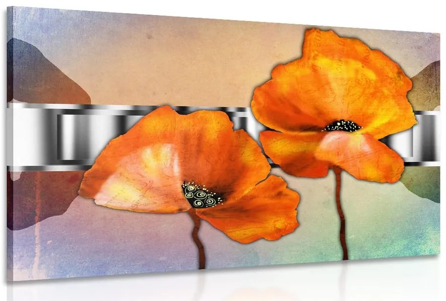 Stampa su tela – Fiori di papavero arancioni in stile orientale