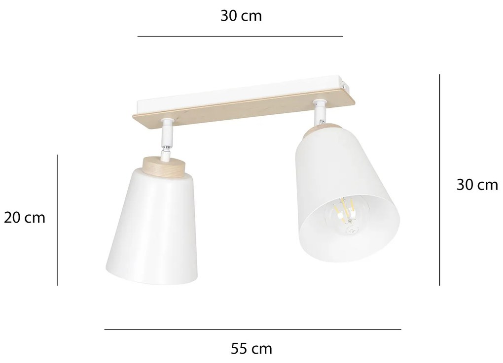 Plafoniera Spot Faretti Orientabili 2 Luci Xiwangmu Acciaio Bianco E Legno Naturale
