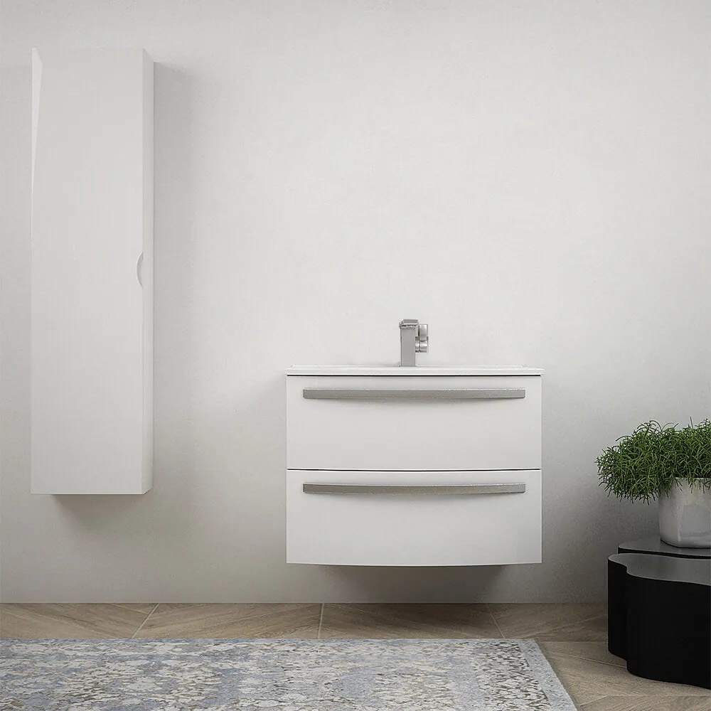 Mobile bagno sospeso 75 cm design tondo bianco lucido - Berlino con colonna da 140 cm