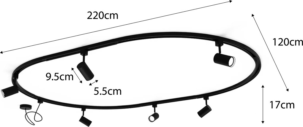 Sistema di illuminazione a binario moderno con 8 faretti neri, monofase, ovale, 200 cm - Iconic Jeana