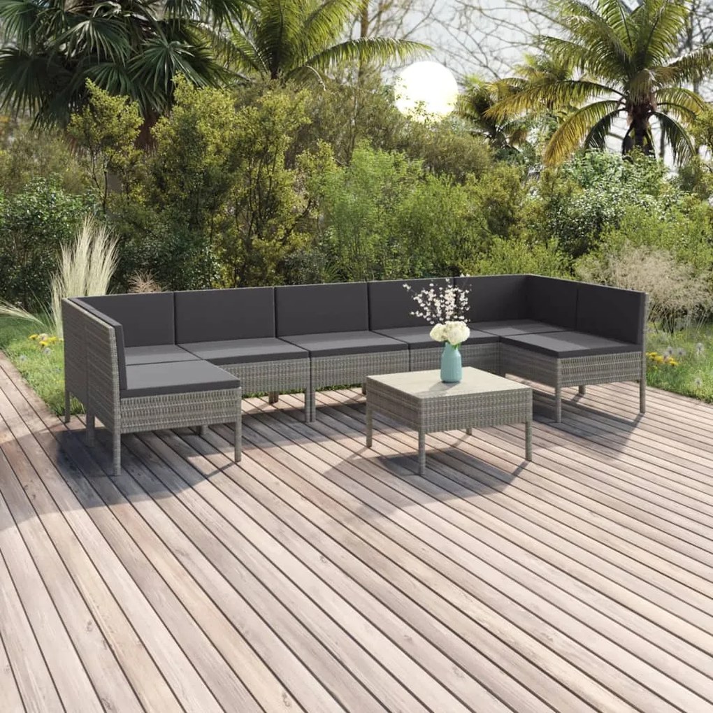 Set Divani da Giardino 8 pz con Cuscini in Polyrattan Grigio