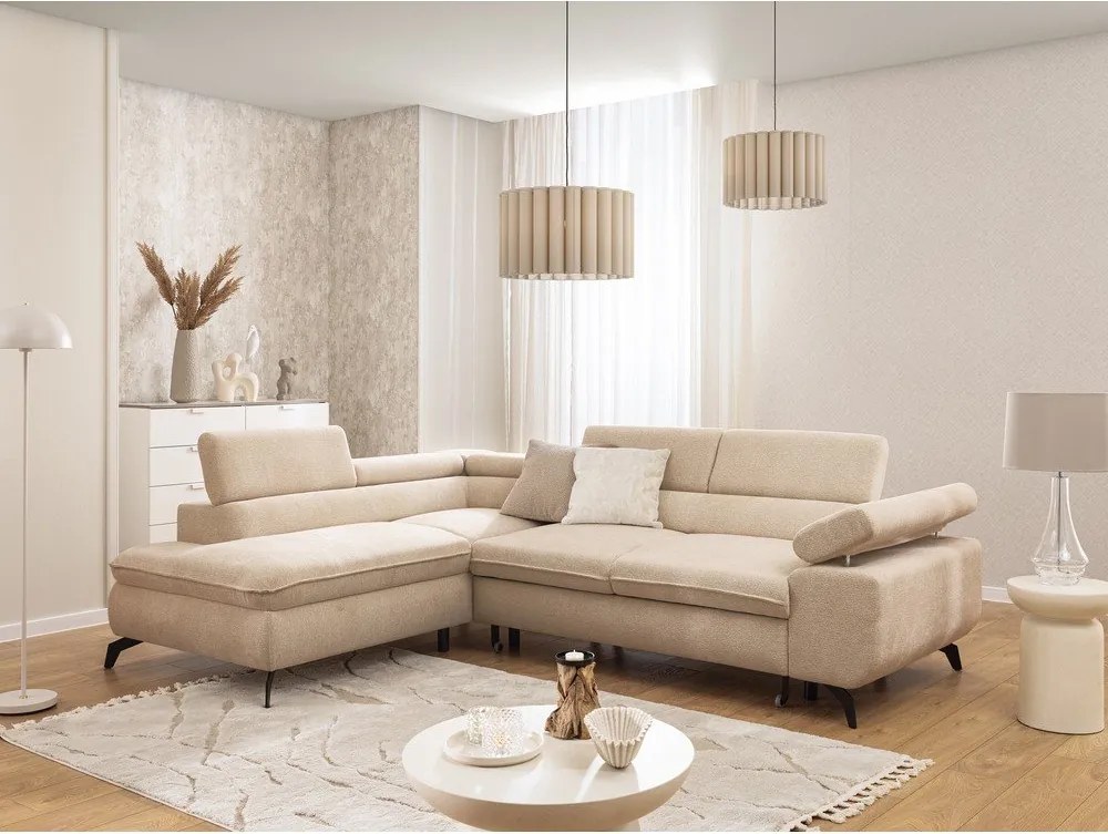 Divano angolare beige (con penisola a sinistra/a L) con rivestimento in ciniglia Marbeya – Ropez