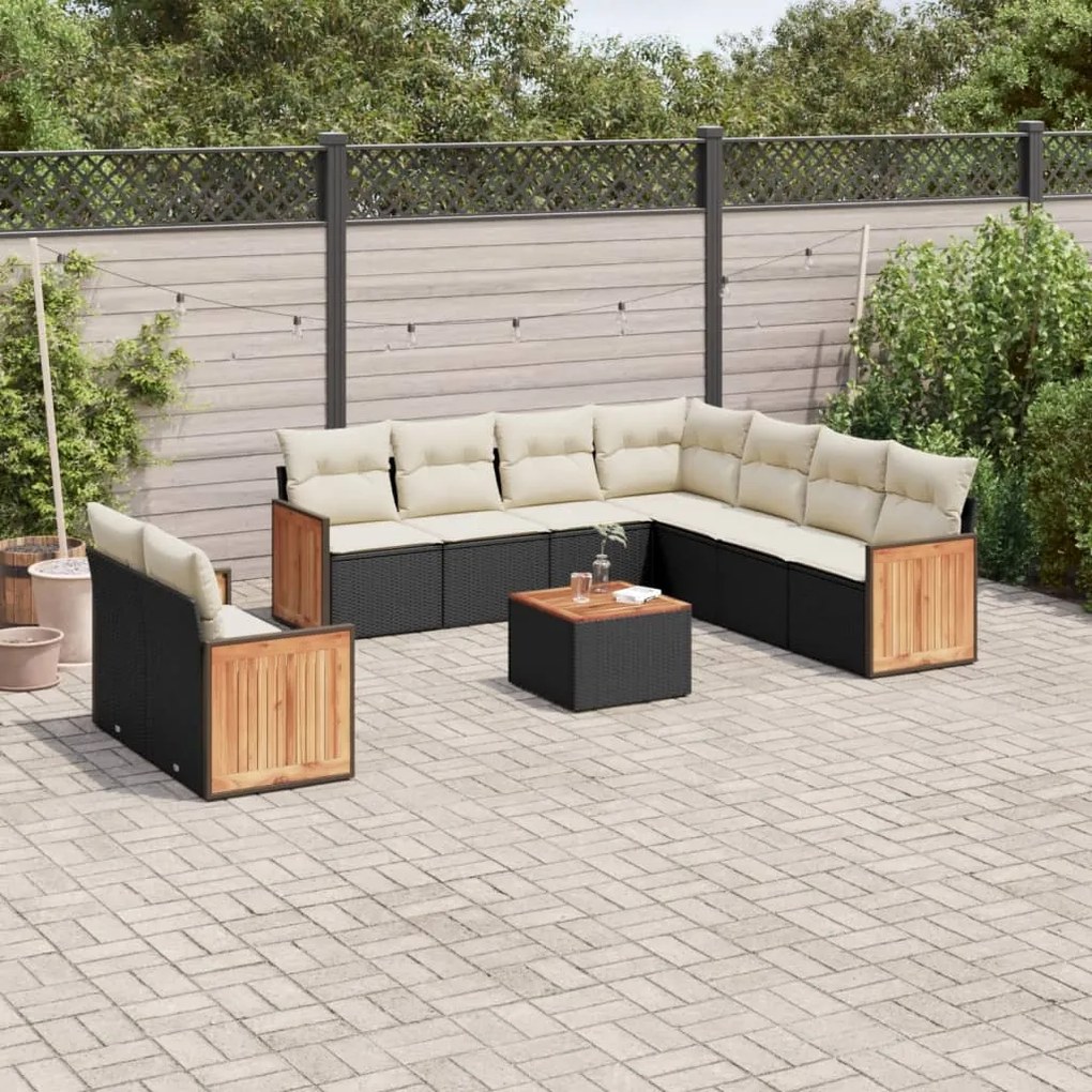 Set divani da giardino 10pz con cuscini in polyrattan nero