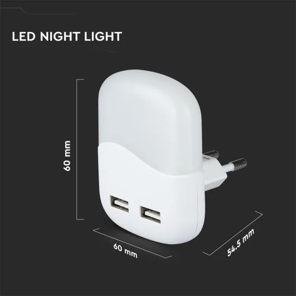 Luce notturna LED con sensore crepuscolare, 2xUSB, 0,45W, 230V, 4000K