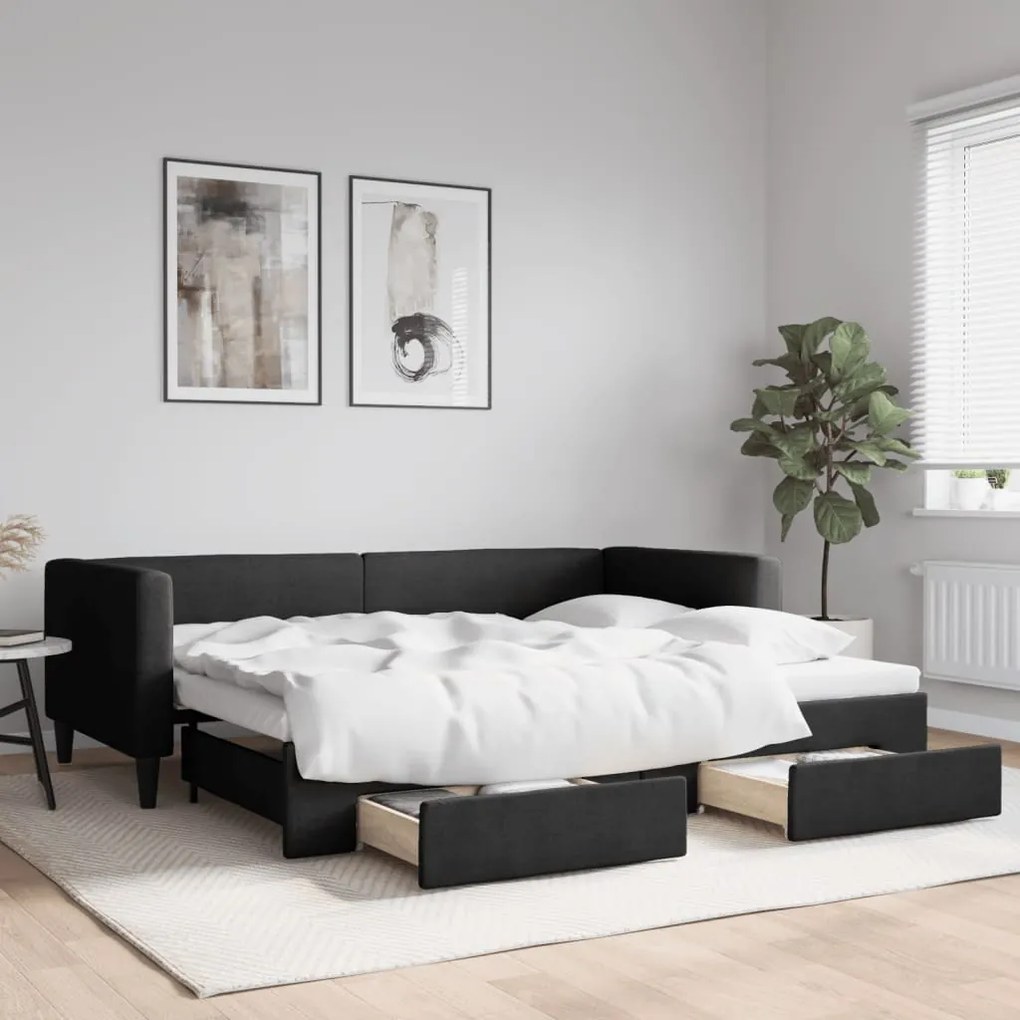 Divano letto estraibile con cassetti nero 90x200 cm in tessuto