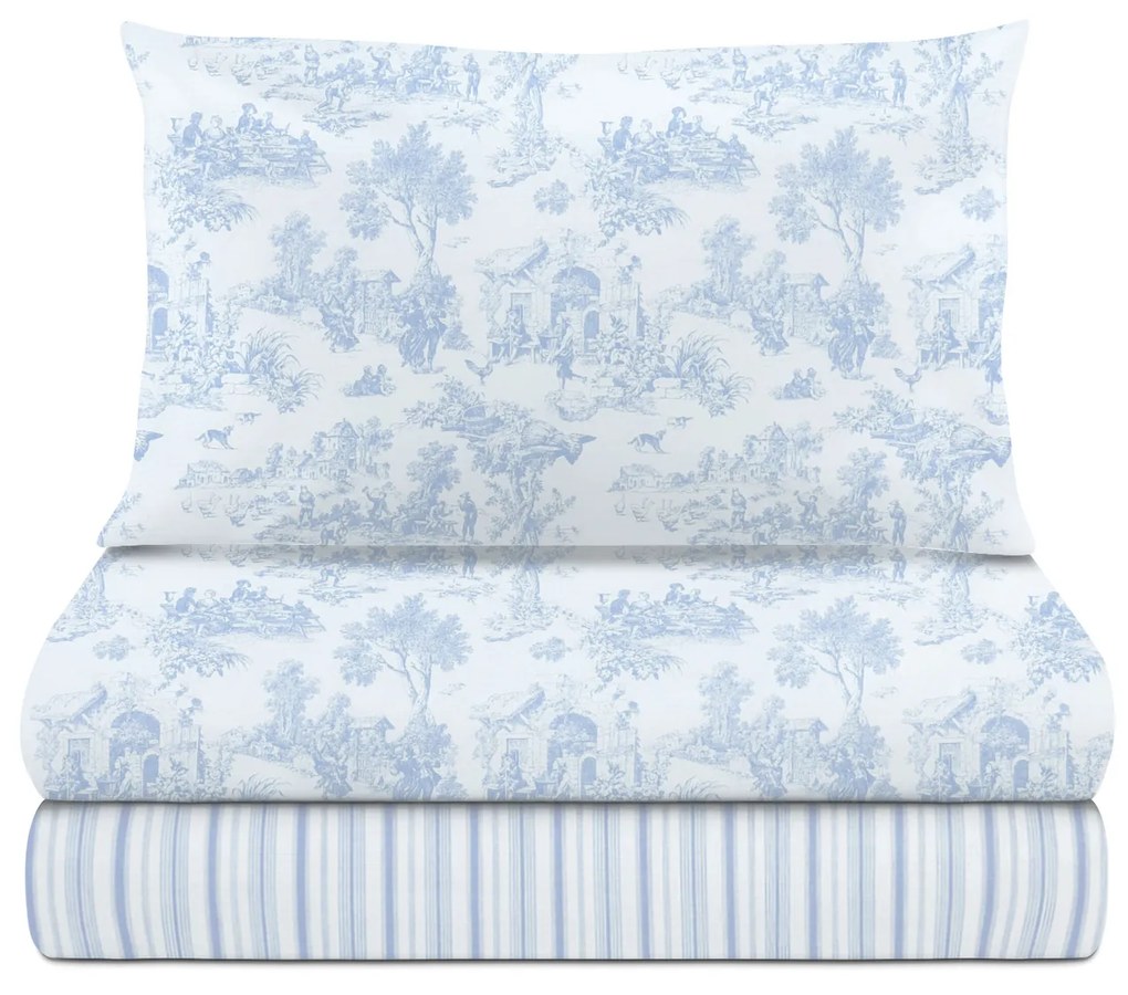 Completo letto 1 piazza e mezza azzurro Toile de Jouy