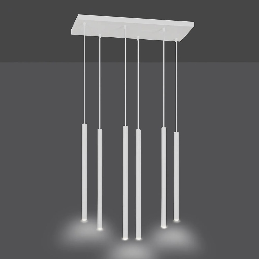 Lampadario 6 Luci Moderno Shu Acciaio Bianco E Paralumi A Cilindri Sottili