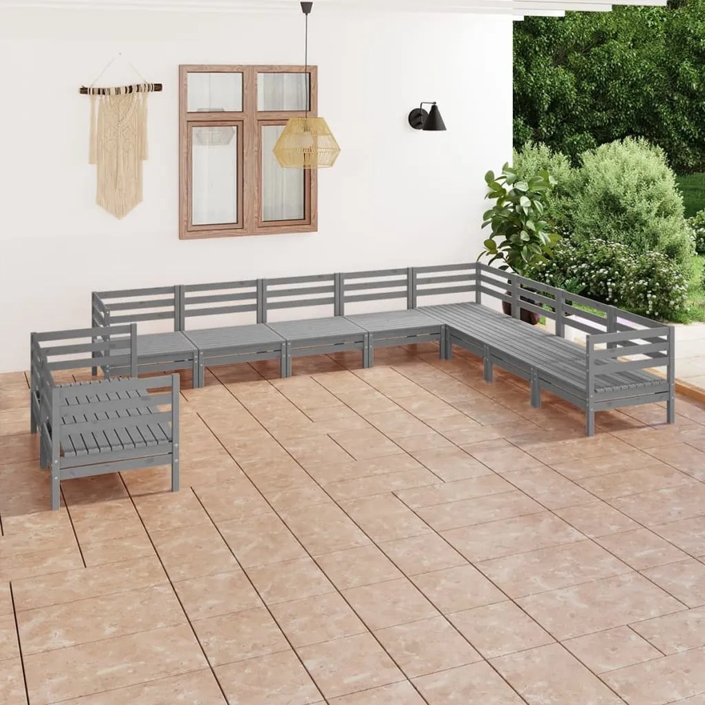 Set Salotto da Giardino 10 pz in Legno Massello di Pino Grigio