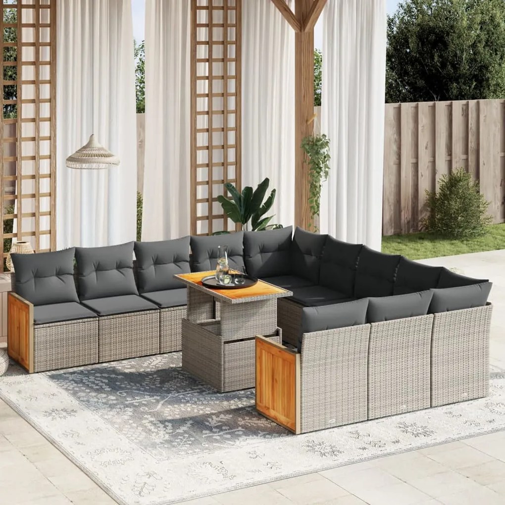 Set divani da giardino 11 pz con cuscini in polyrattan grigio