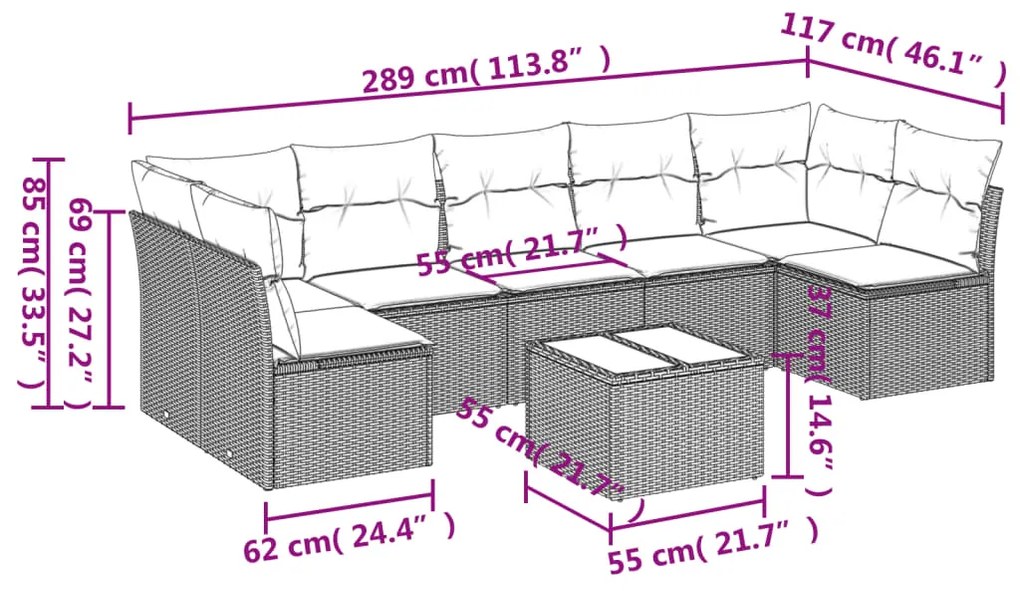 Set divano da giardino 8 pz con cuscini beige in polyrattan