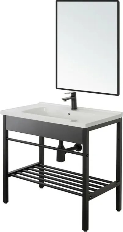 Mobile bagno a terra 60 cm stile industrial nero opaco con specchio Borg