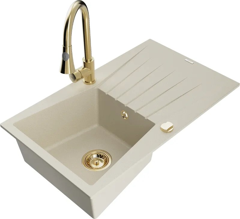 Mexen Cesar lavello in granito con 1 vasca e scolapiatti e rubinetto da cucina Elia, beige - 6514-69-670101-50