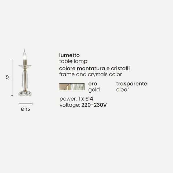 Lampada da tavolo FIAMMA Oro in cristallo e vetro trasparente 15x32 cm