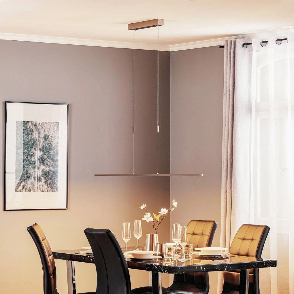 Lampada LED a sospensione Tolu di Quitani, nichel, lunghezza 138 cm dimmerabile, Alluminio / Grigio / Zincato, Soggiorno / Sala da pranzo, Alluminio, Moderno